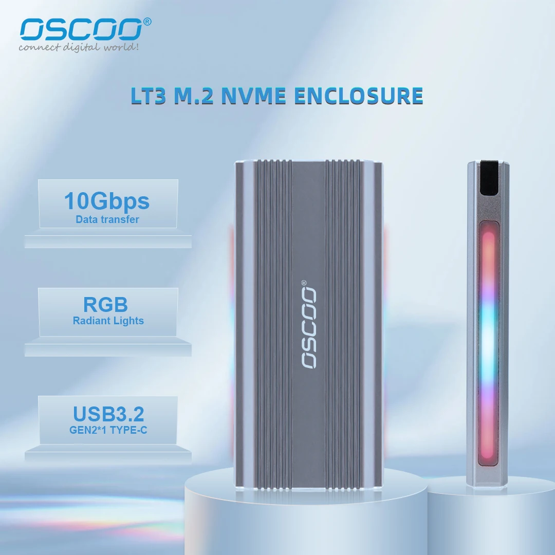 Oscoo lt3 rgb ssd gabinete 10gbps alumínio m2 nvme ssd caixa suporte m.2 nvme/ngff 2240/2260/2280 utmost 4tb ssd