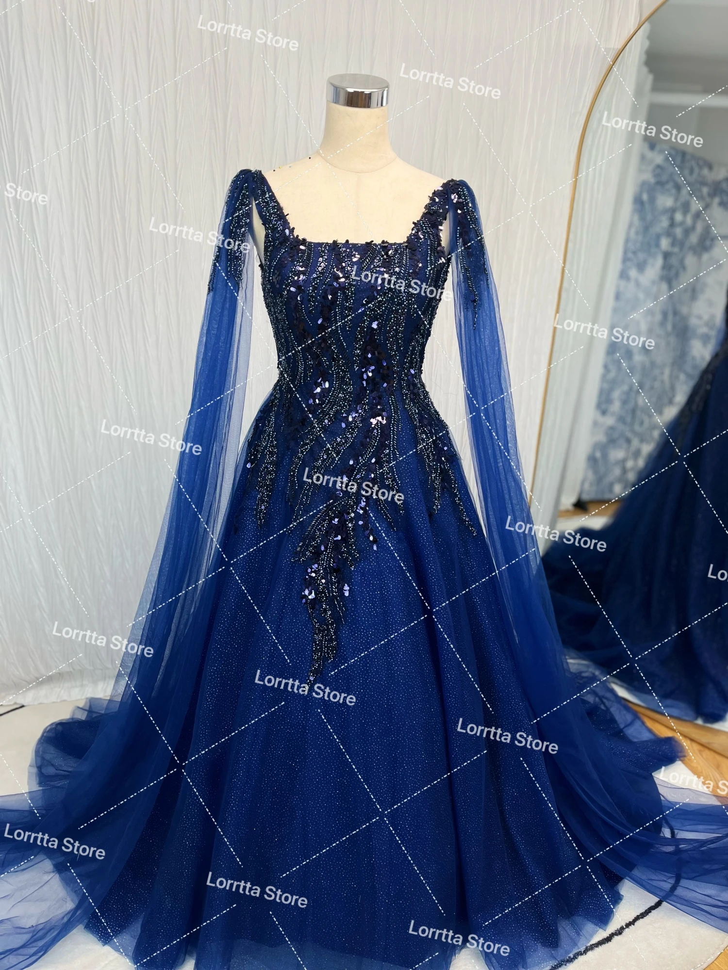 Lorrtta Tulle Dubai Arabic Women Evening Dresses Glitter Lace Tulle Prom Gowns Sparkly Formal Party Occasion Dress Customized