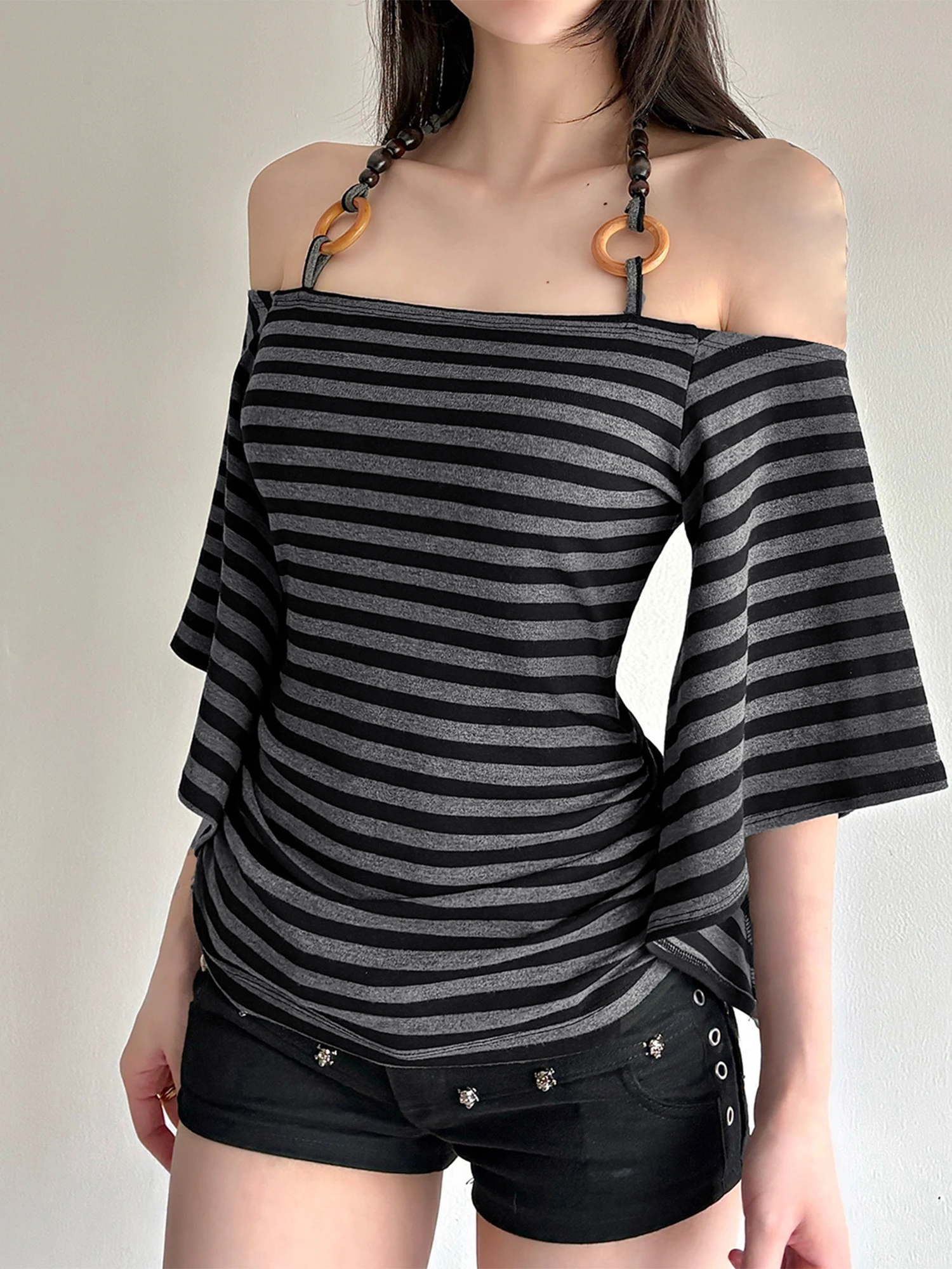 

Elegant Striped Off Shoulder Blouse with Halter Neck and 3 4 Batwing Sleeves Perfect for Stylish Fall Outfits