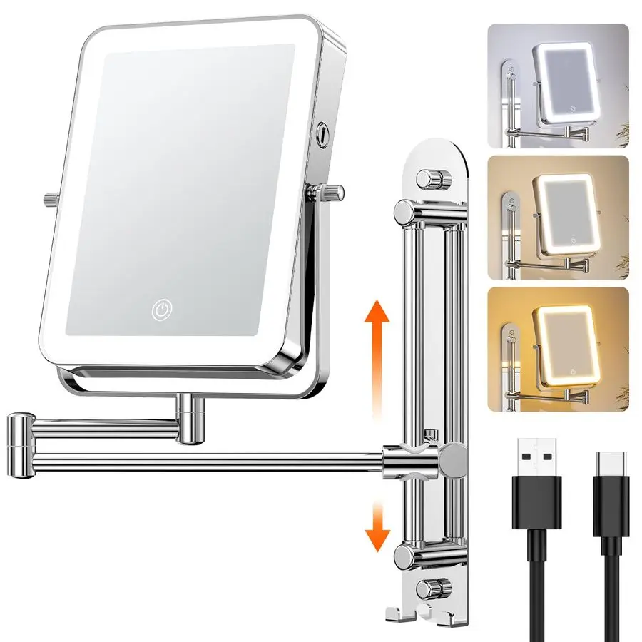 Height Adjustable Wall Mounted Lighted Makeup Mirror with Hooks, 3000mAh Rechargeable with 1X 10X Magnification, 3 Light Colors