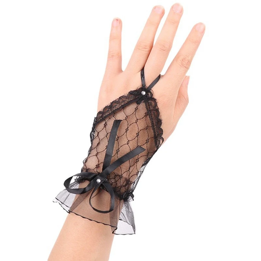 Gothic Short Black Gloves Female Harajuku Lace Bridal Wedding Halloween Lolita Dress Net Gauze Bow Hand Sleeve Fishnet Gloves