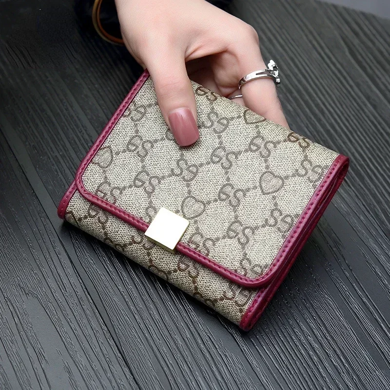 Women Folded Genuine Cow Leather Short Wallets + PVC Simple Cardholder Multi-functional Small Purse Real Leather Money Clip
