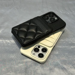 Luxury Card Pocket Wallet Leather Phone Case for iPhone 16 17pro max 15 17 14 Pro 13 12 Trendy Lattice Card Slot Matte Cover