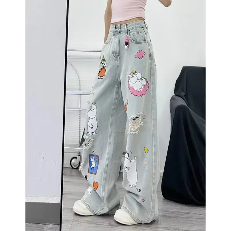 

Vintage Blue Cartoon Graffiti Distressed Ripped Jeans Women American Retro Hip-Hop Streetwear High Waist Wide Leg Denim Pants