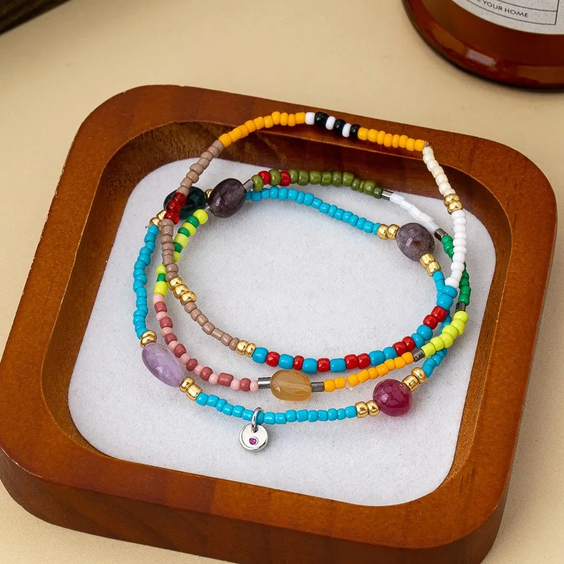 Boho Style Multilayer Mixed Color Seed Bead Bracelet Vintage Natural Stone Elastic Bracelets Women Fashion StackableHandJewelry