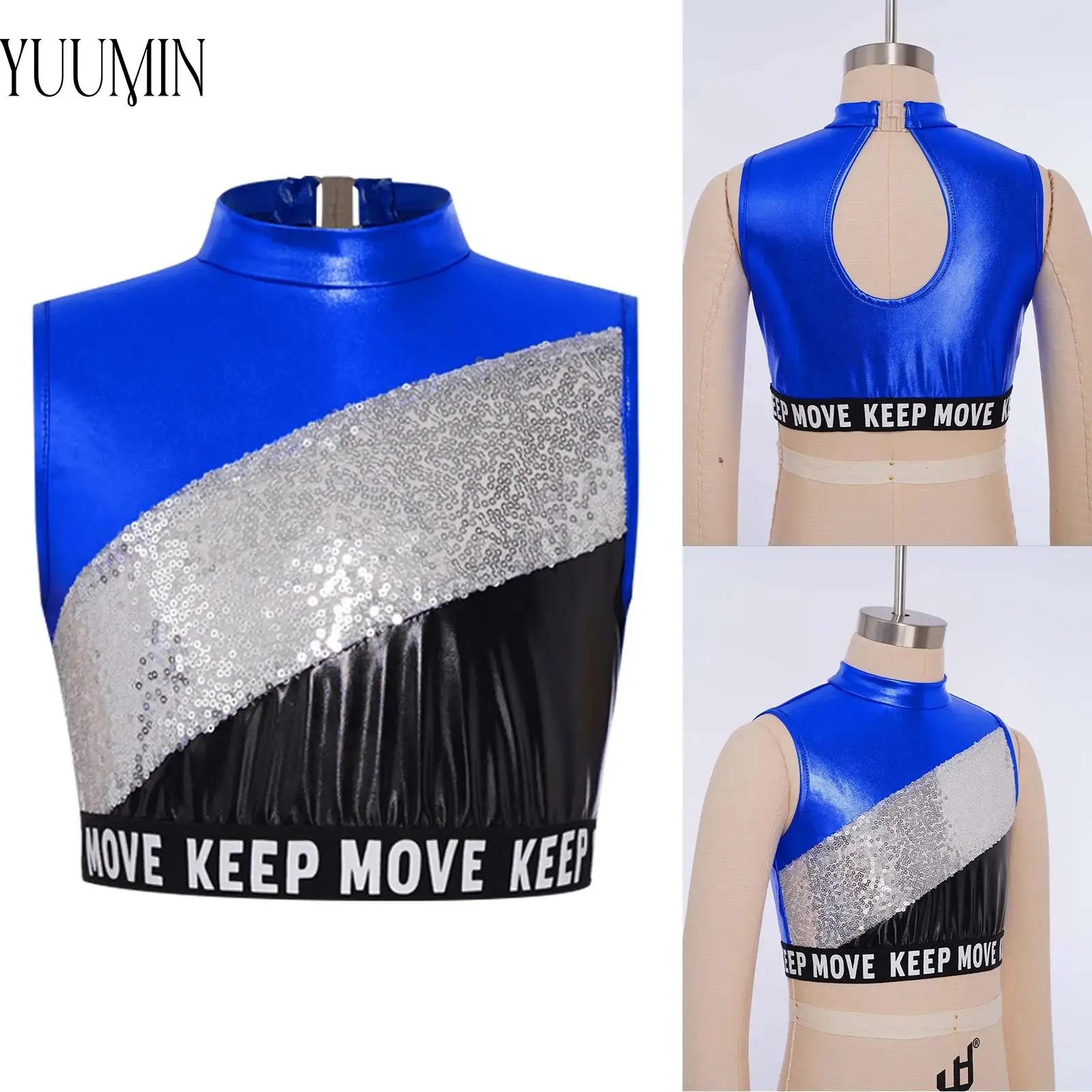 

Children Girls Hip Hop Jazz Street Dance Costume Sleeveless Elastic Hem Sparkly Sequins Metallic Crop Top for Cheerleading Dance