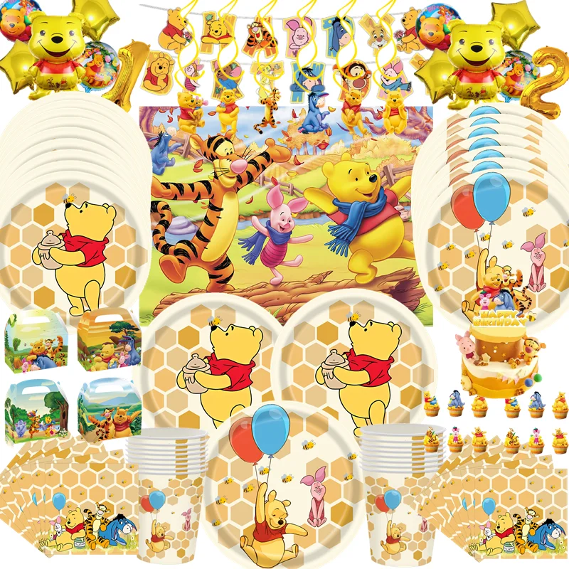 Disney Winnie the Pooh Party Supplies Disposable Tableware Birthday Decorations Paper Napkin Plate Cup Tablecloth Latex Balloon