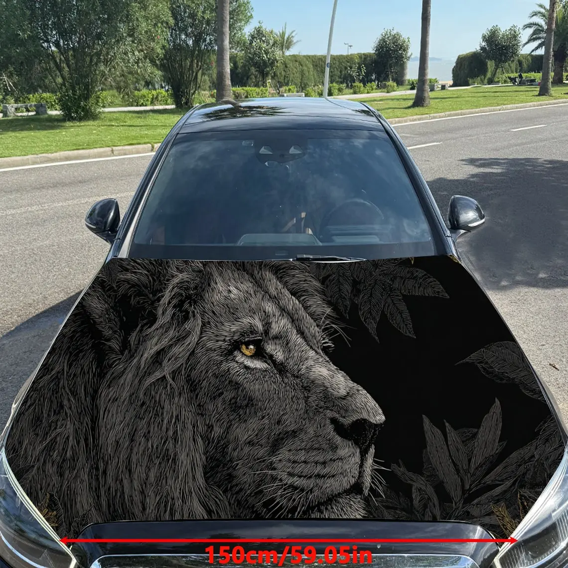 Car Decal Lion in Artistic Background with Black and Gold Textural Elements & Regal-Luxurious Visual Details Car Hood Sticker, W