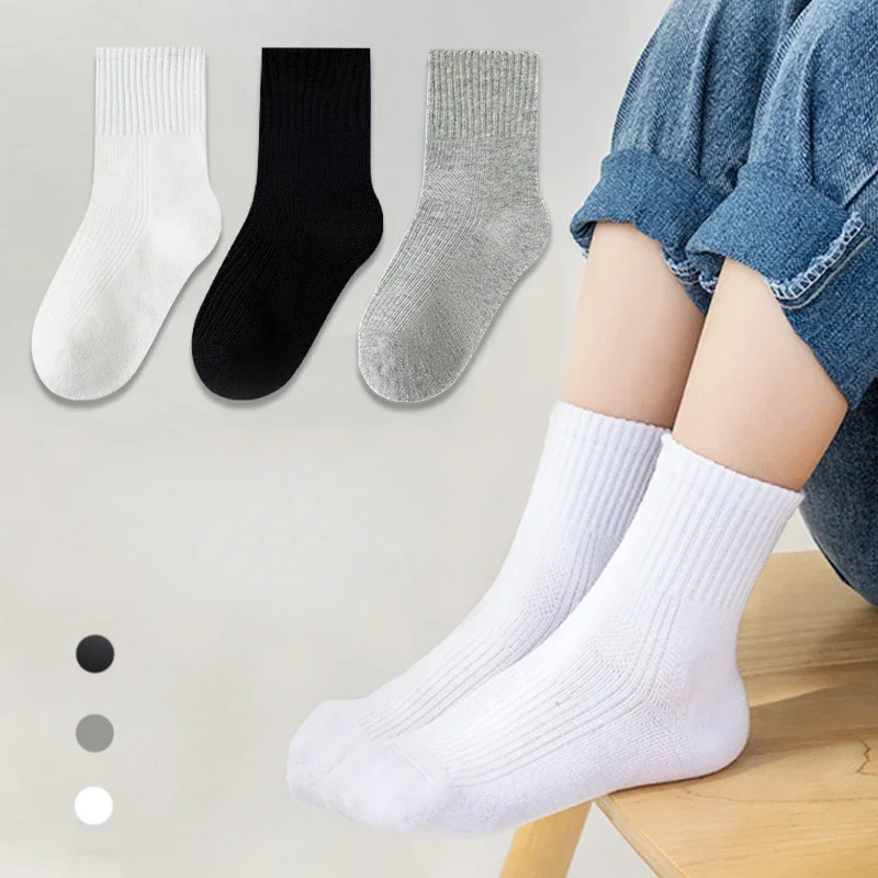 

5 Pairs Pure Cotton Children Boy Socks Black White Grey Solid Color Unisex Breathable Sports School Socks Baby Girl Calf Socks