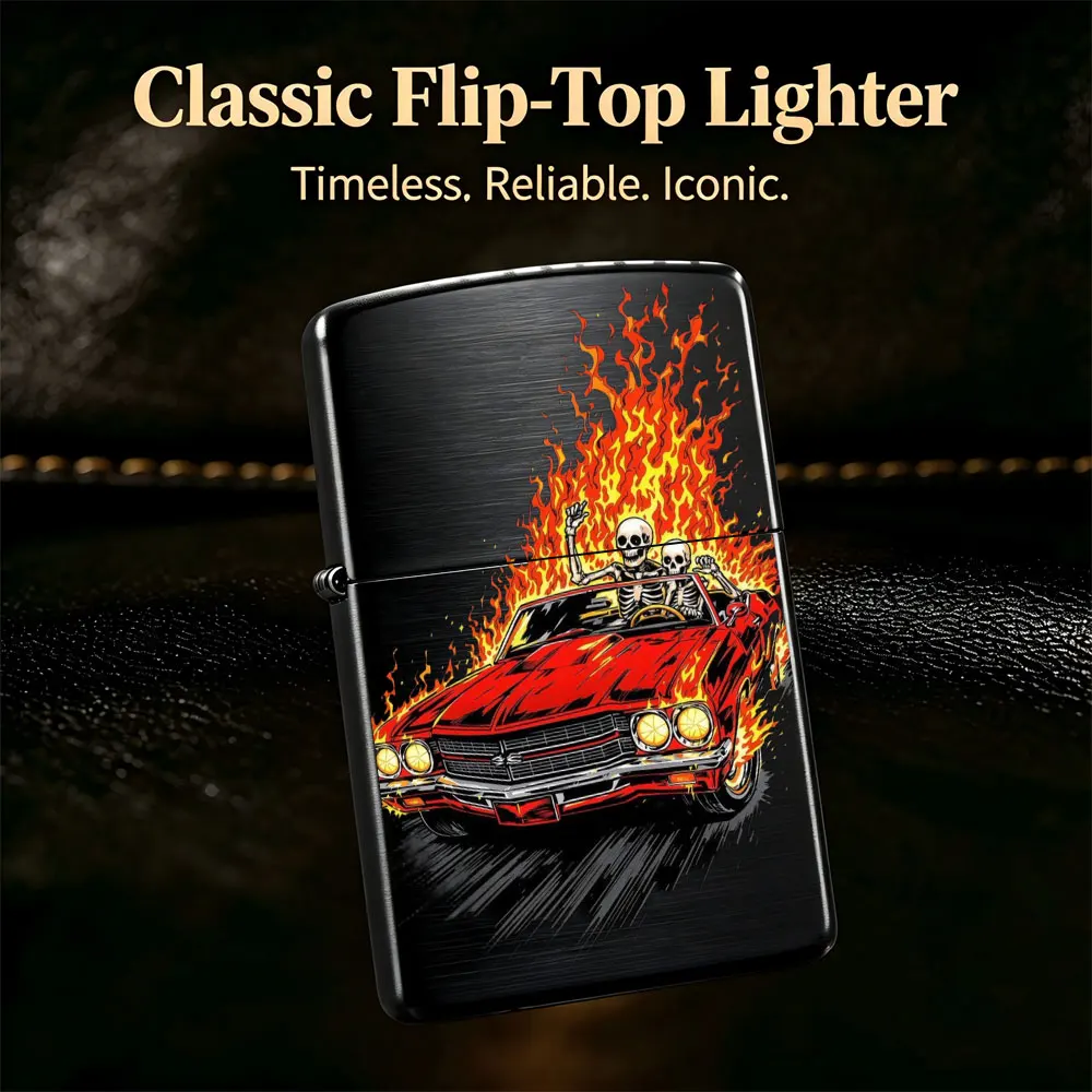 Pocket Lighter, Flip-Top Windproof Design, Skeleton Riding Red Sports Car Print, Metal Case, Comfortable Grip, Adjustable Flame, for Daily Use & Gift Giving