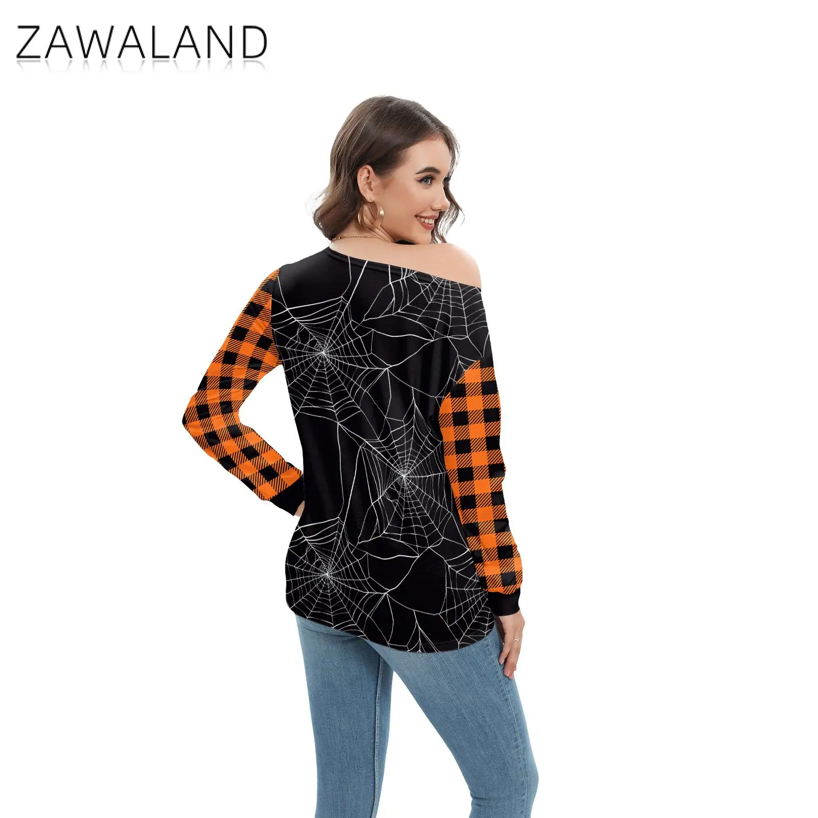 Zawaland Tops Women Halloween Irregular Shirts Tie-dye Pumpkin Printing Woman Slant Shoulder Collar Female Bluzka z długim rękawem