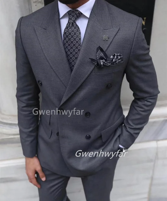 

Gwenhwyar Grey Double Breasted Men's Suit Wedding Formal Business Wear Custom Slim Fit Clothes Outer Jackets Pants Vest Homme