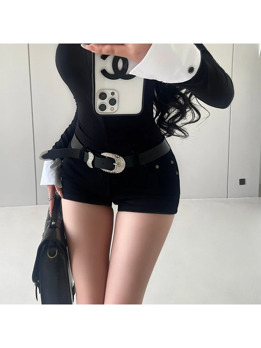 Sexy Low Waist Stretchy Denim Shorts Trendy Belted Hot Pants Cotton Elastic American Style Spicy Girl Short Skirt for Women