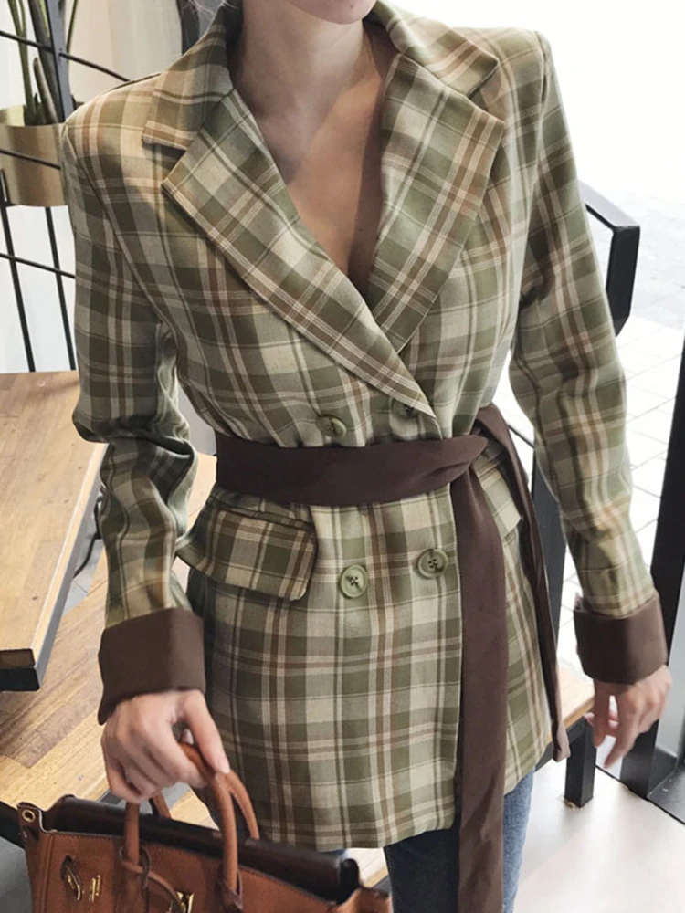 [oein] 2024 Autumn Women Chic British style contrasting plaid loose suit with belt