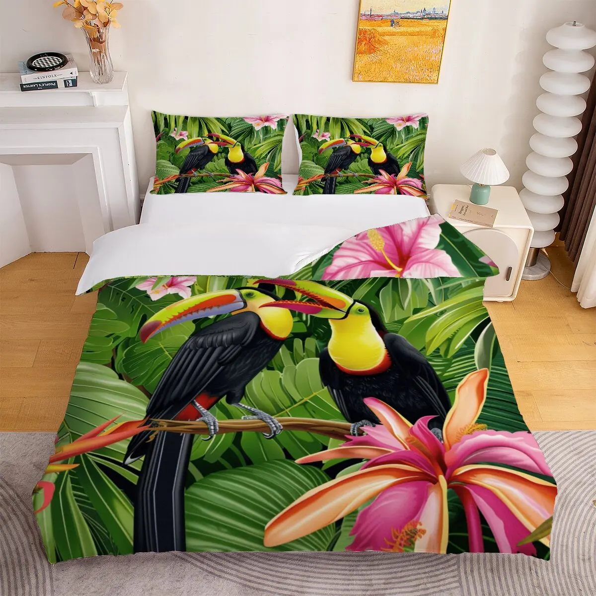 Red bellies and Toucans  duvet cover   Tropical birds  Printed duvet cover 3-piece set with 2 pillowcases