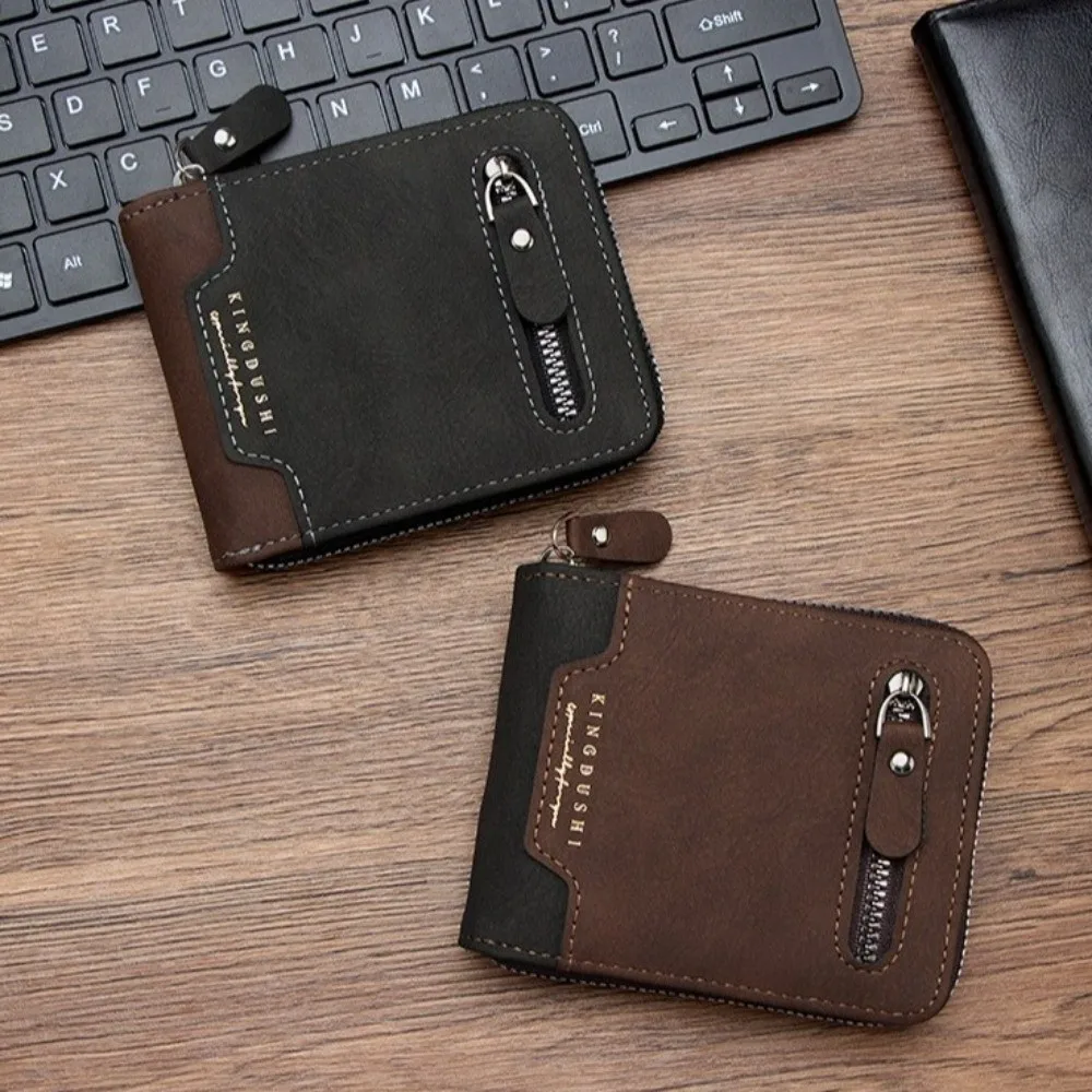 Portable Multi-position Men's Short Wallet Large Capacity Zipper PU Leather Coin Purse Multi-function Thin Card Holder Male