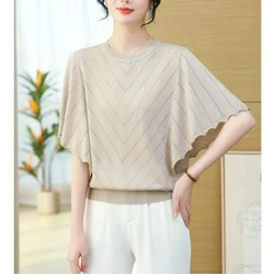 Summer New Fashion Korean Simple Knitwear Short Sleeved T-shirt Women's Round Neck Hollow Out Loose Slim Batwing Sleeve Thin Top