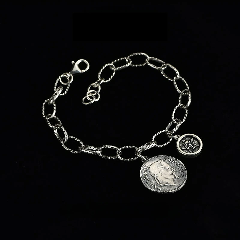 

Браслет в стиле хип-хоп из стерлингового серебра 925 пробы для мужчин, индивидуальный браслет в стиле хип-хоп с головой и монетой, круглый брендовый модный ручной ювелирный браслет