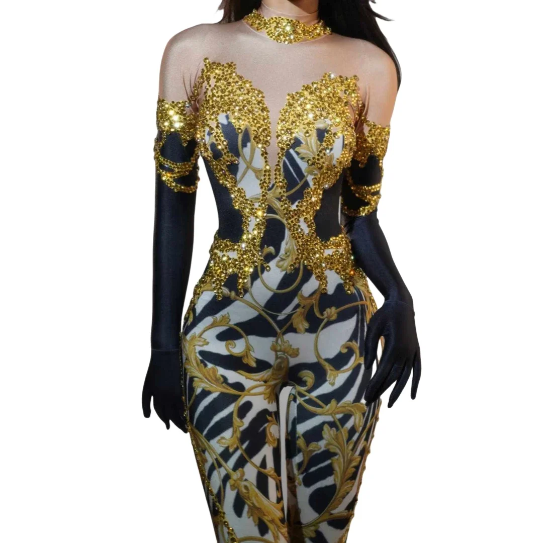 

Sparkly Goddess Senior Photoshoot Props Las Vegas Show Zebra Jumpsuits For Women Carnival Gold Romper Drag Queen Costume