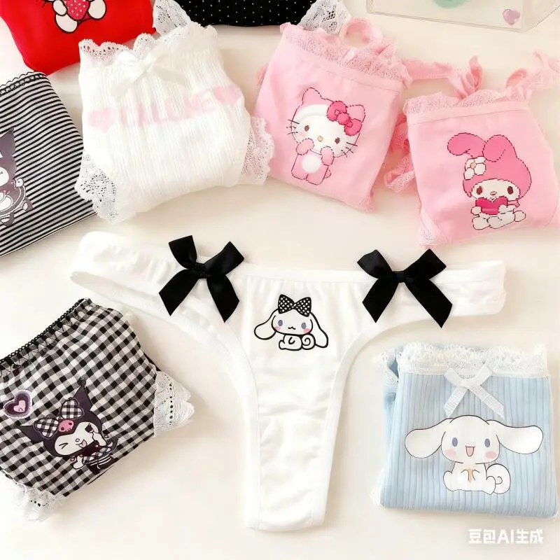Sanrio Sexy Underwear Women Sweet Briefs Underwear Print Cute Bow Lace Sexy Comfort Student Cotton Briefs Girl