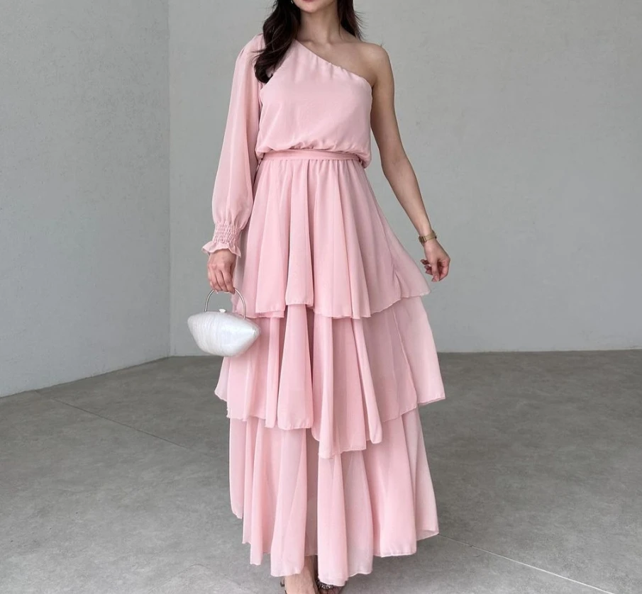 

Elegant Women's Prom Dress One Shoulder Lantern Sleeve Chiffon Ruffle Tied Up High Waist Ankle Length A-Line Dress for Woman