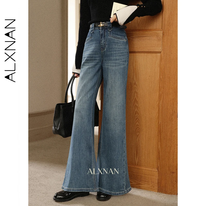 

ALXNAN Women's Jeans Light Color High-waisted Trousers Loose Fit 2025 New Autumn Commuting Versatile Female Flared Pants L57516