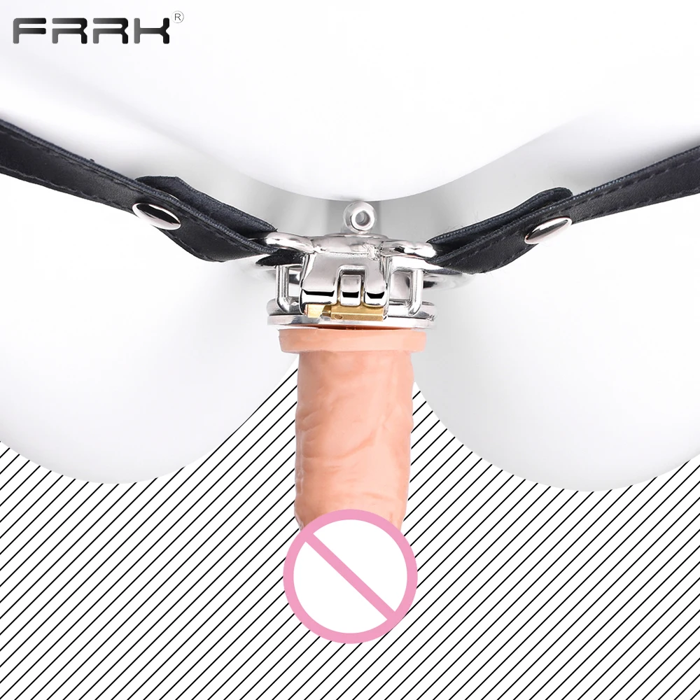 FRRK BDSM Inverted Chastity Cage With Dildo Negative Cock Cage Chastity Belt Metal Cylinder Penis Rings Adults Sex Toys