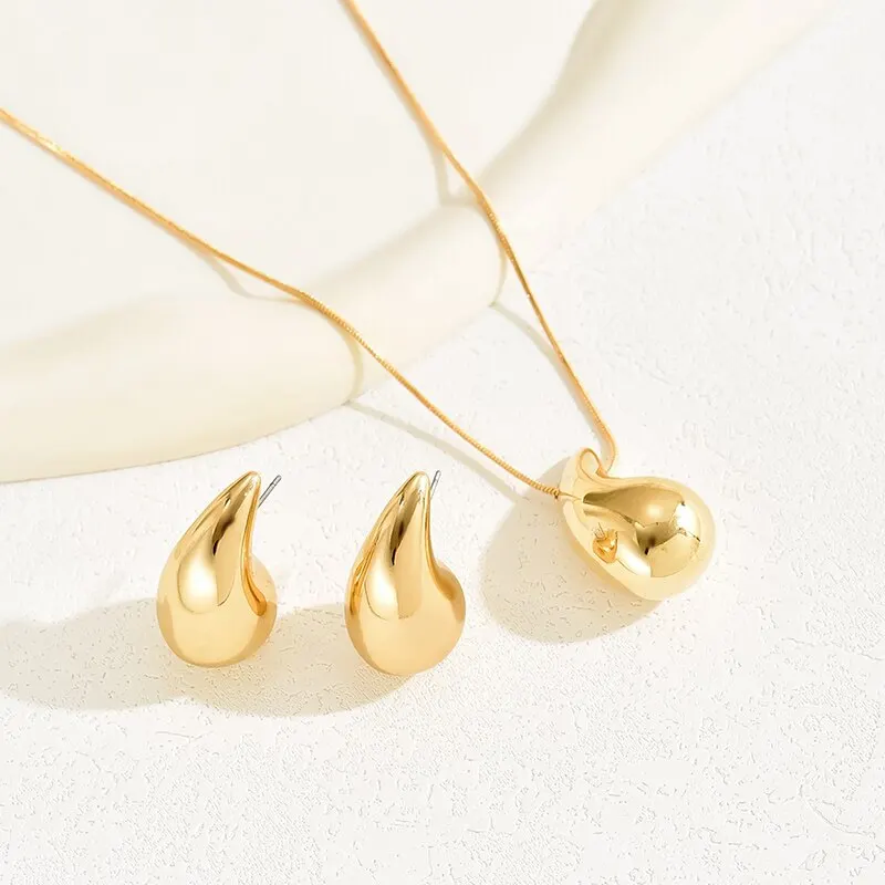 Water Drop Shape Jewelry Set 2 Pcs Necklace Stud Earrings Gold Silver Color Dupes Chunky Teardrop Earring Simple Style for Woman