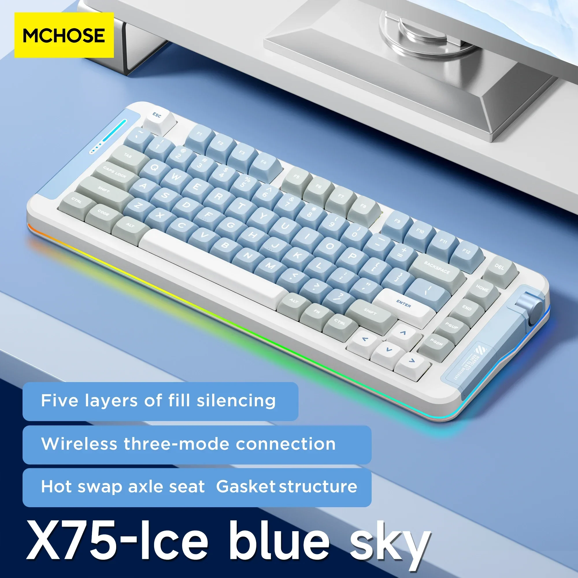 

Клавиатура mchoose X75 с тремя режимами, 2,4 ГГц, беспроводная, Bluetooth, механическая клавиатура с Rgb-подсветкой, Игровая клавиатура PBT Hot Plug