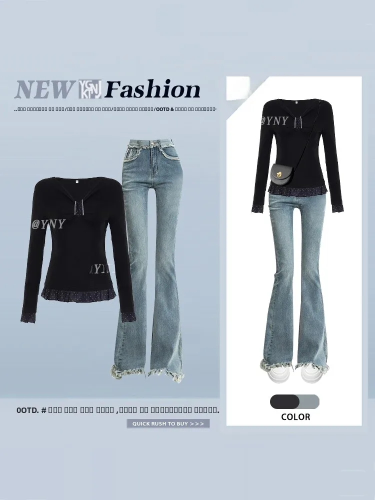 

Unique Beautiful Design Women's Spring Slim Fit Two-Piece Set T-irt Jeans Casual Faion High Waist Long Sve Top