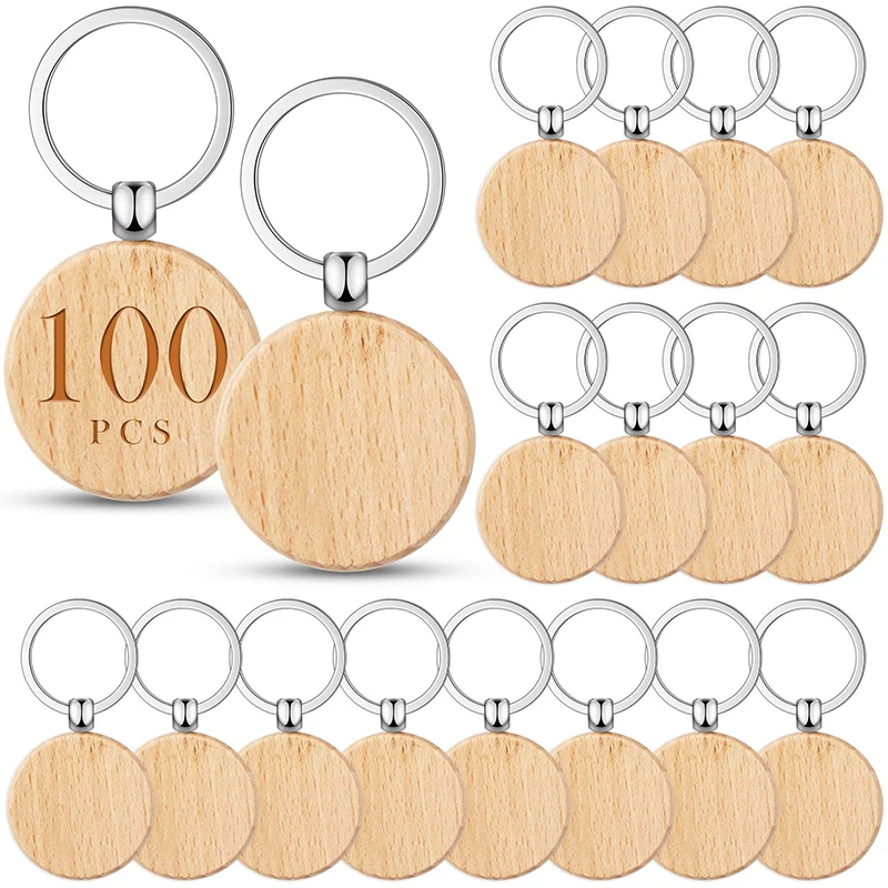 

100Pcs Blank Wooden Keychain Round Wholesale Wood Car Key Chains Ring