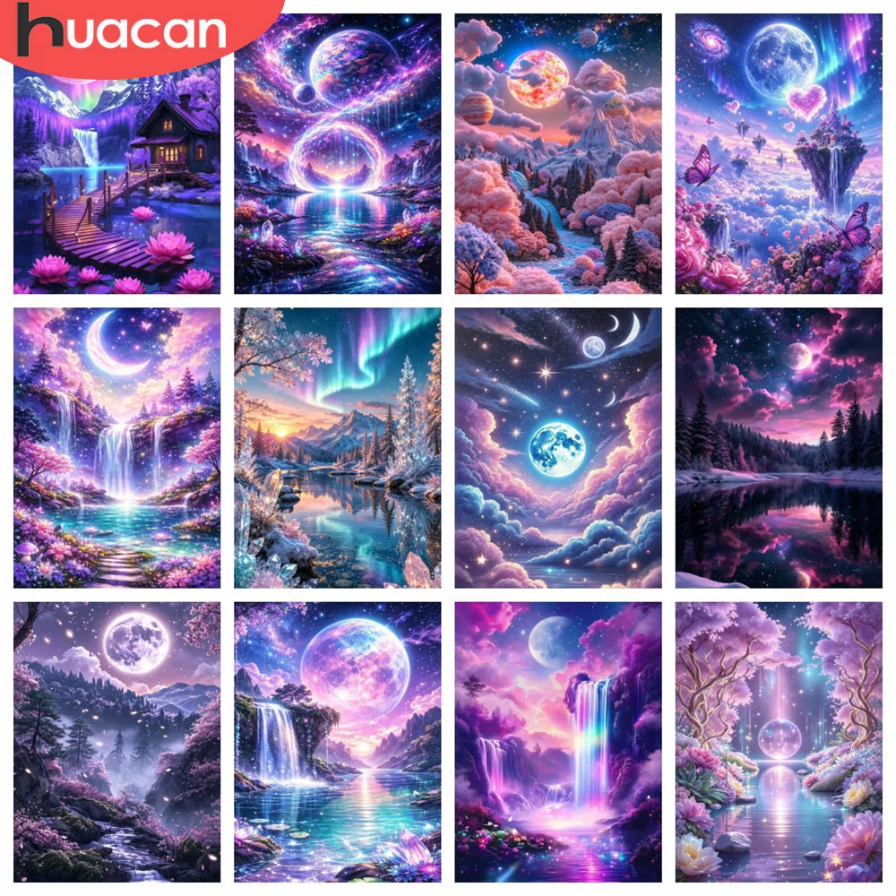 HUACAN Diamond Painting Td Waterfall Landscape Mosaic Fantasy Moon Mountain Cherry Blossom Rhinestones Pictures Diy Gift Art