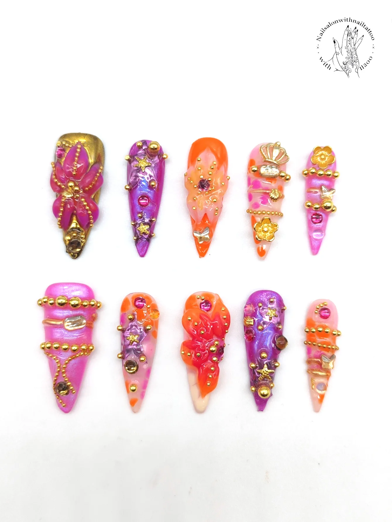 Handcrafted Press-On Nail Set of 10 33mm Length Slim Stiletto Design Gold Burgundy Purple Color French Style with Rhinestones Ba