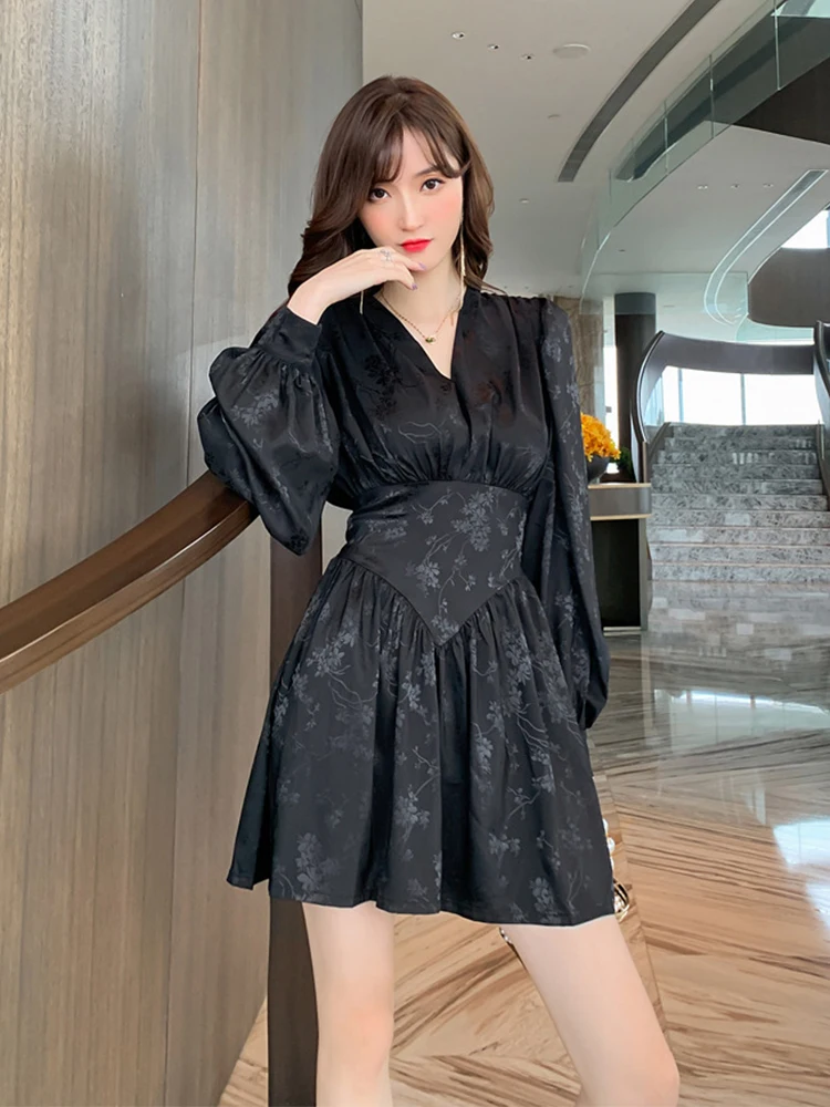 Spring Women Mini Dress Vintage Elegant Black Jacquard Floral V-neck Lantern Long Sleeve High Waist A-line Vestidos Para Mujer