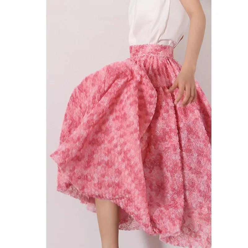 Women's Runway Fashion Spring Summer Designer High Quality A-line Pink Rose Skirt Female Autumn Winter High Waist Skirt TB2656