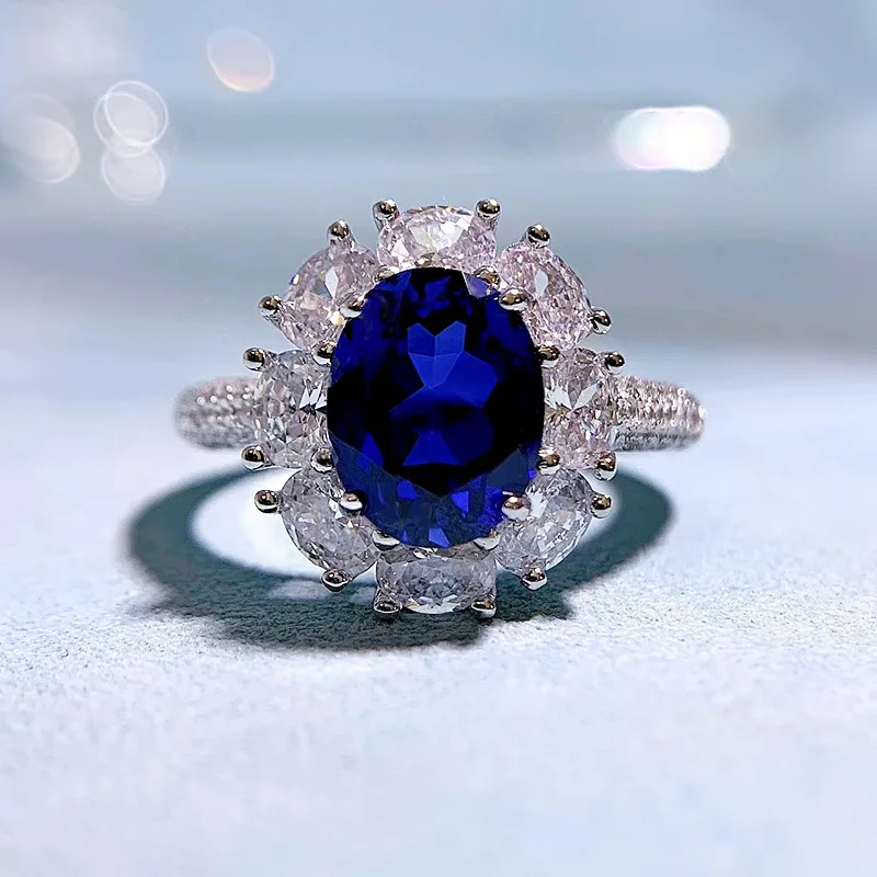 S925 Pure Silver New Creative Imitation Sapphire Exquisite Luxury Elliptical Zircon Inlaid Ring