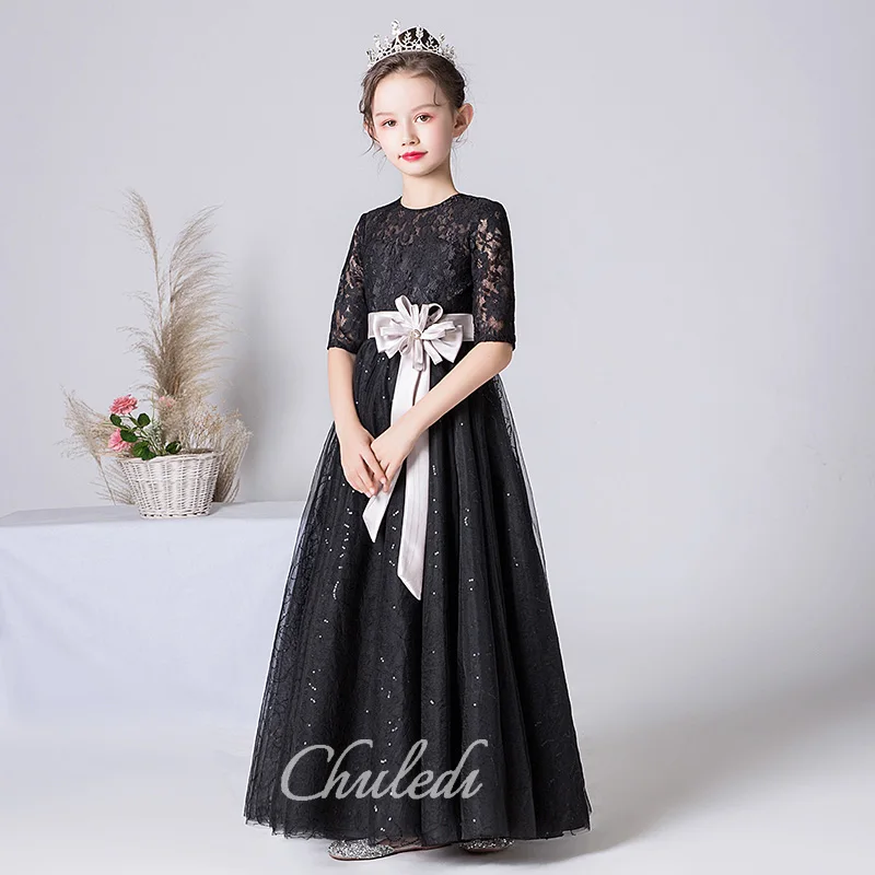 Kommunionkleider Blumenmädchenkleider Teenagerkleider Brautjungfernkleider Lange Prinzessinnenkleider Geburtstagspartykleider Schwarze Spitze r