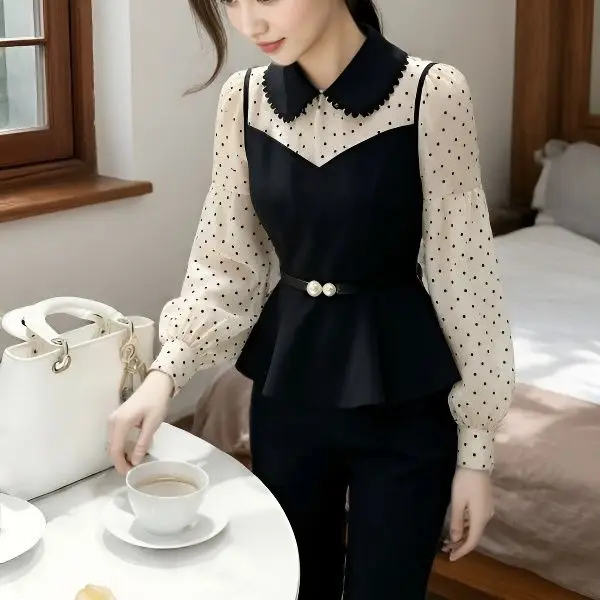 Black splicing shirt women's spring 2026 new  high sense foreign style age reduction unique beautiful top