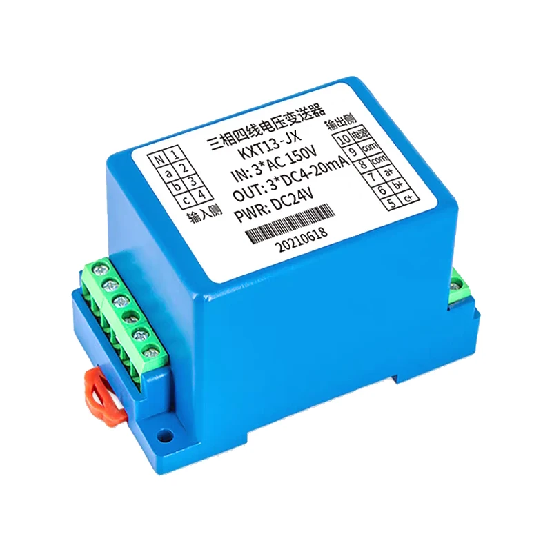Conexión trifásica de carril DIN 0-5VAC 0-50VAC 0-100VAC a 4-20mA 0-10V Transmisor de señal Transductor de voltaje CA