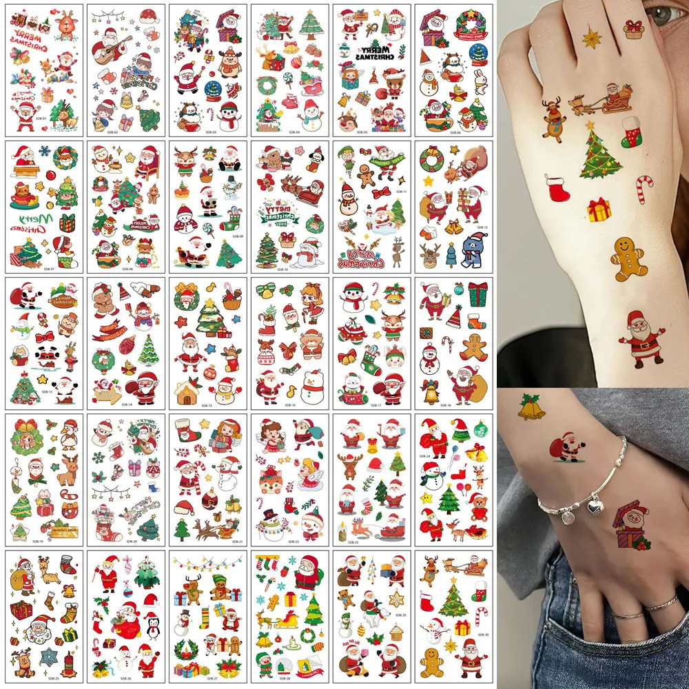 

30pcs Waterproof Christmas Tattoo Stickers for Elderly Snowman Socks Scepter Tattoo Stickers Suitable for Hand And Body Decor