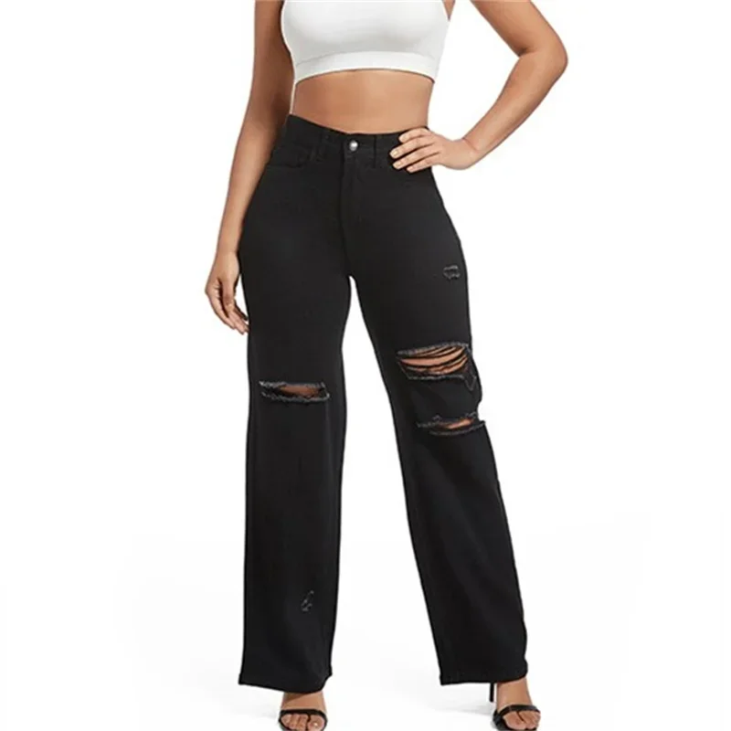 Women Washable Straight Jeans Fashion Broken Holes Hollow Out Denim Trousers Female Comfortable Commuter Casual High Waist Pants