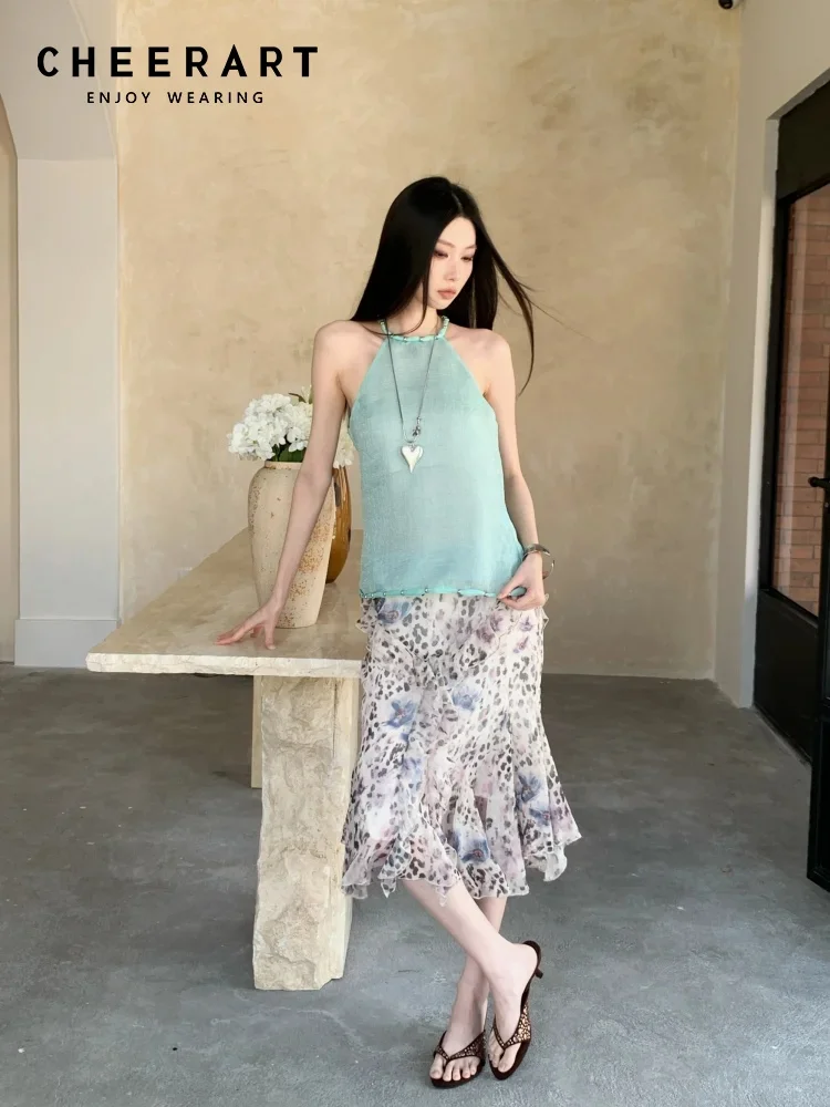 CHEERART Leopard Print Ruffle Skirts For Women Summer 2026 Asymmetrical Knee Length Flowy Skirt Fashion Designer Clothes