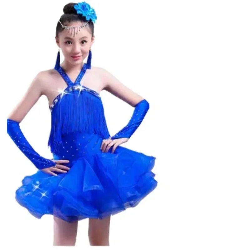 Professional Girls Modern Ballroom Latin Dance Costumes Fringe Latin Dance Dress Fluffy Tulle Skirt Children Latina Dresses