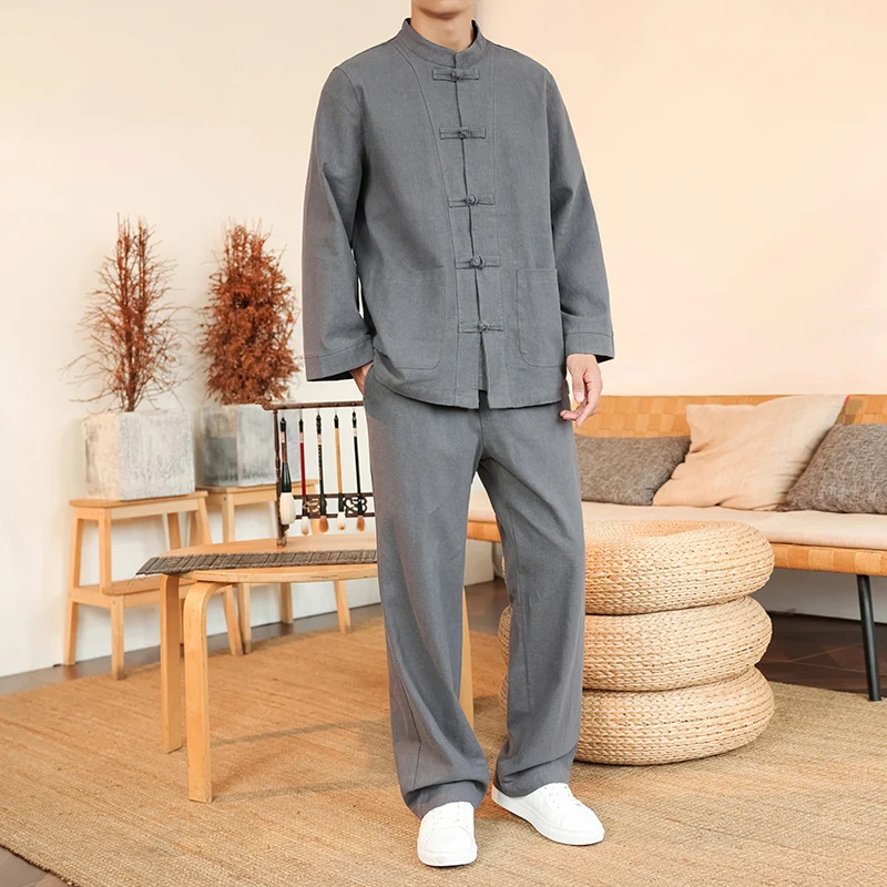 Chinese Style Cotton Linen Men Two Piece Set Men Mandarin Collar Frog Button Tang Suits Loose Casual Breathable Autumn Outfit