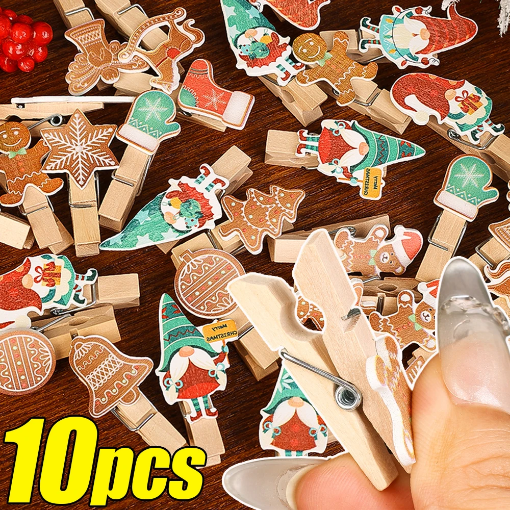 10PCS Christmas Wooden Photo Clip Cartoon Hanging Decoration Peg DIY Memo Paper Art Card Clothespin Clip Wedding Party Supply