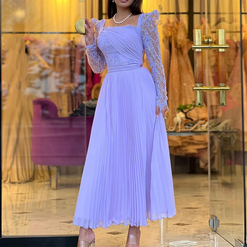 Lavender Chiffon Prom Dress Long Sleeves Square Neck Glitter Lace A Line Saudi Arabic Evening Dresses Tea Length Party Gown