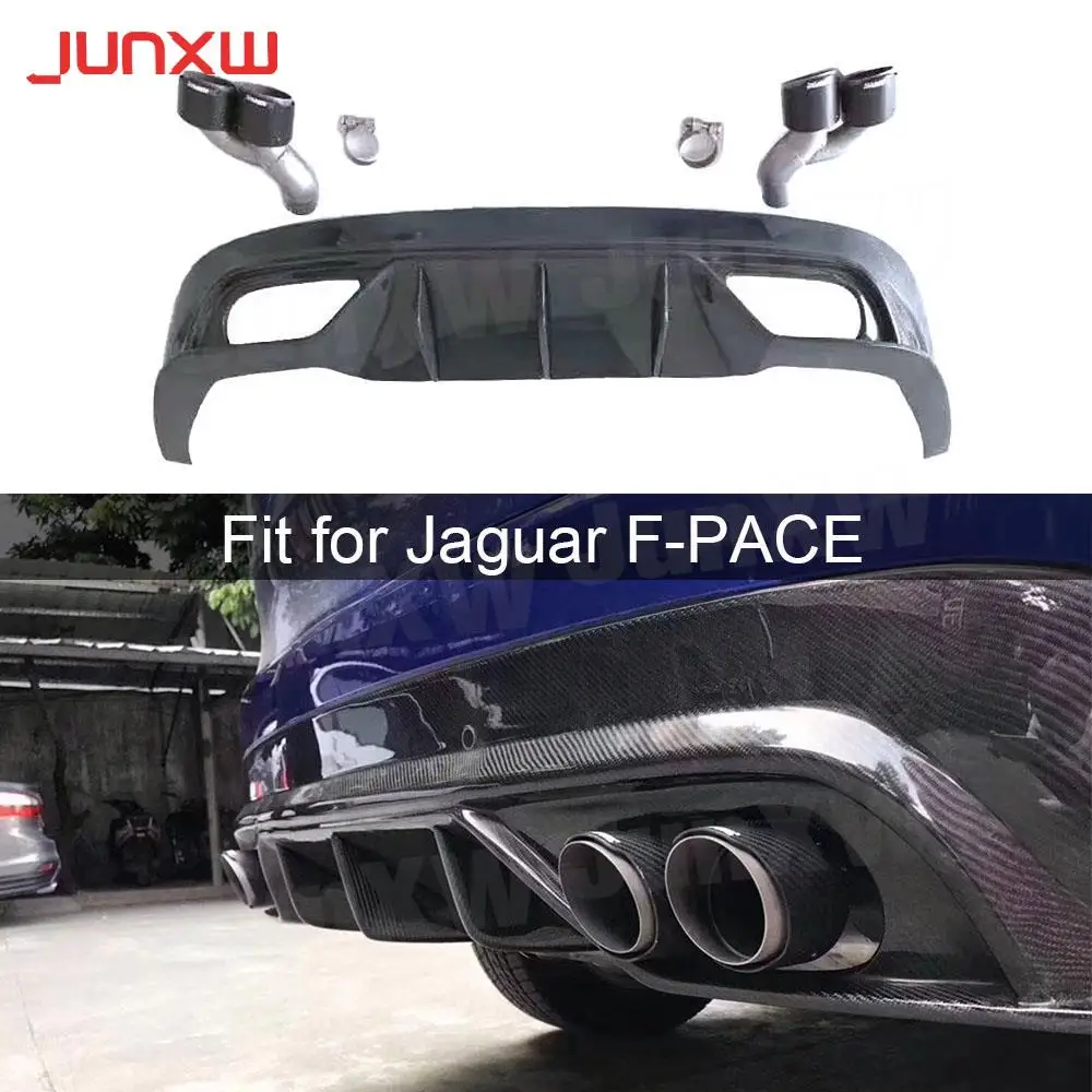 Carbon Fiber Rear Bumper Lip Diffuser with Steel Exhaust Muffler Tips for Jaguar F-PACE 2016-2018 back Bumper Guard Car Styling