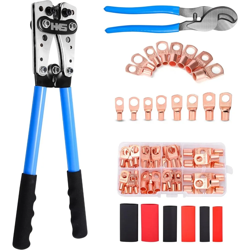 Heavy Duty Battery Cable Crimping Tool Set with Cutter, Copper Terminals & Heat Shrink Tubing for 10-1 AWG Wires