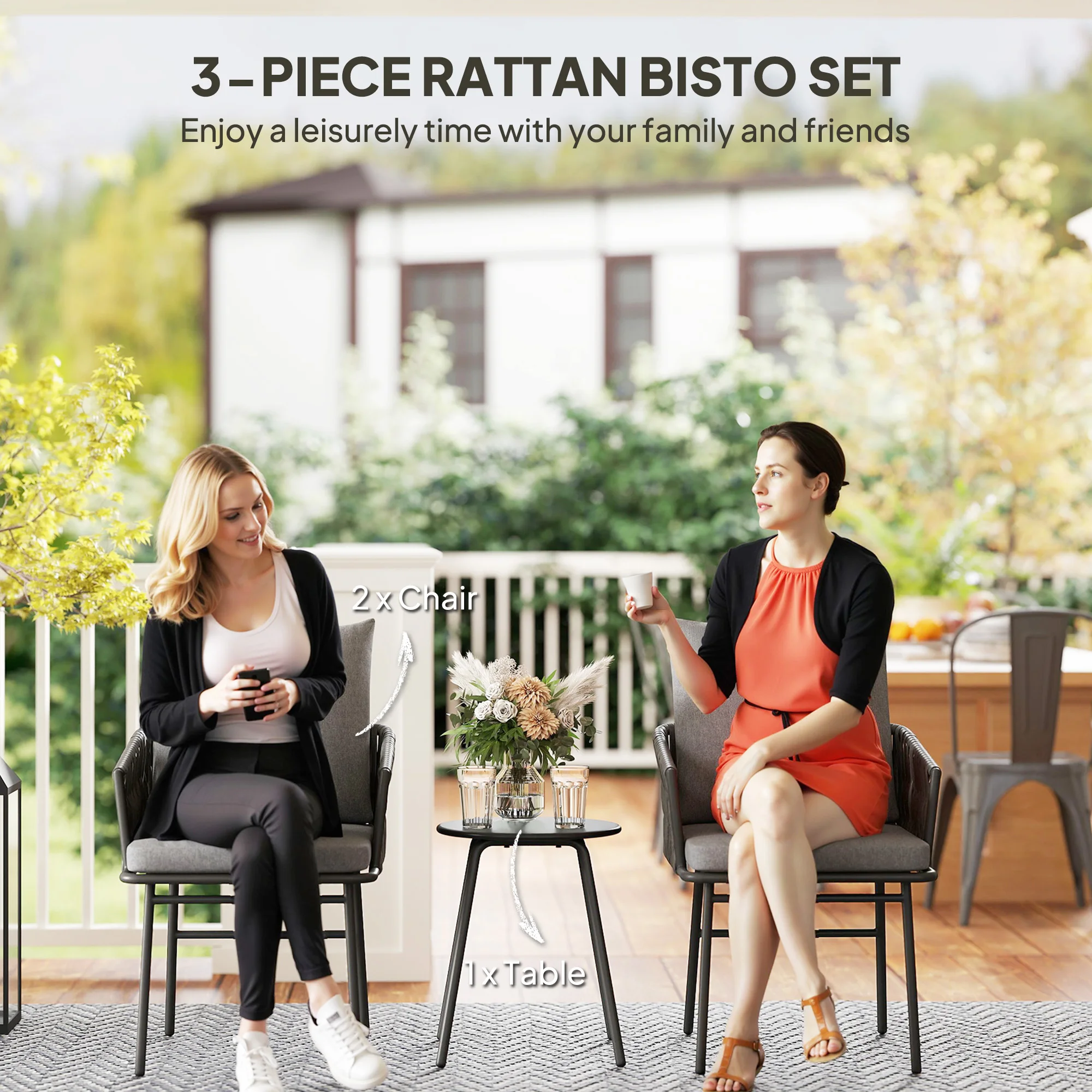 Outsunny 3-Piece Rattan Bistro Set, Garden Table and Chairs with 4 Cushions, Grey
