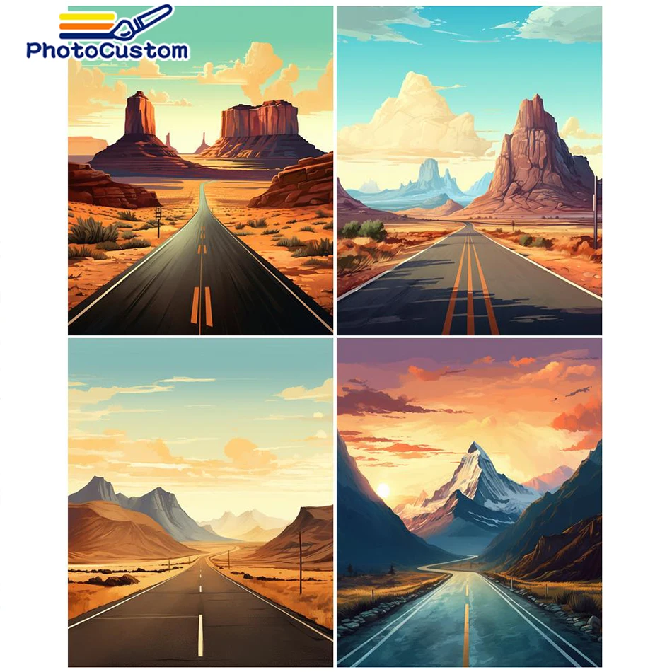 PhotoCustom Diy Crafts Painting By Number Highway Landscape Pictures For Adults On Canvas Acrylic Paint Drawing Coloring By Numb